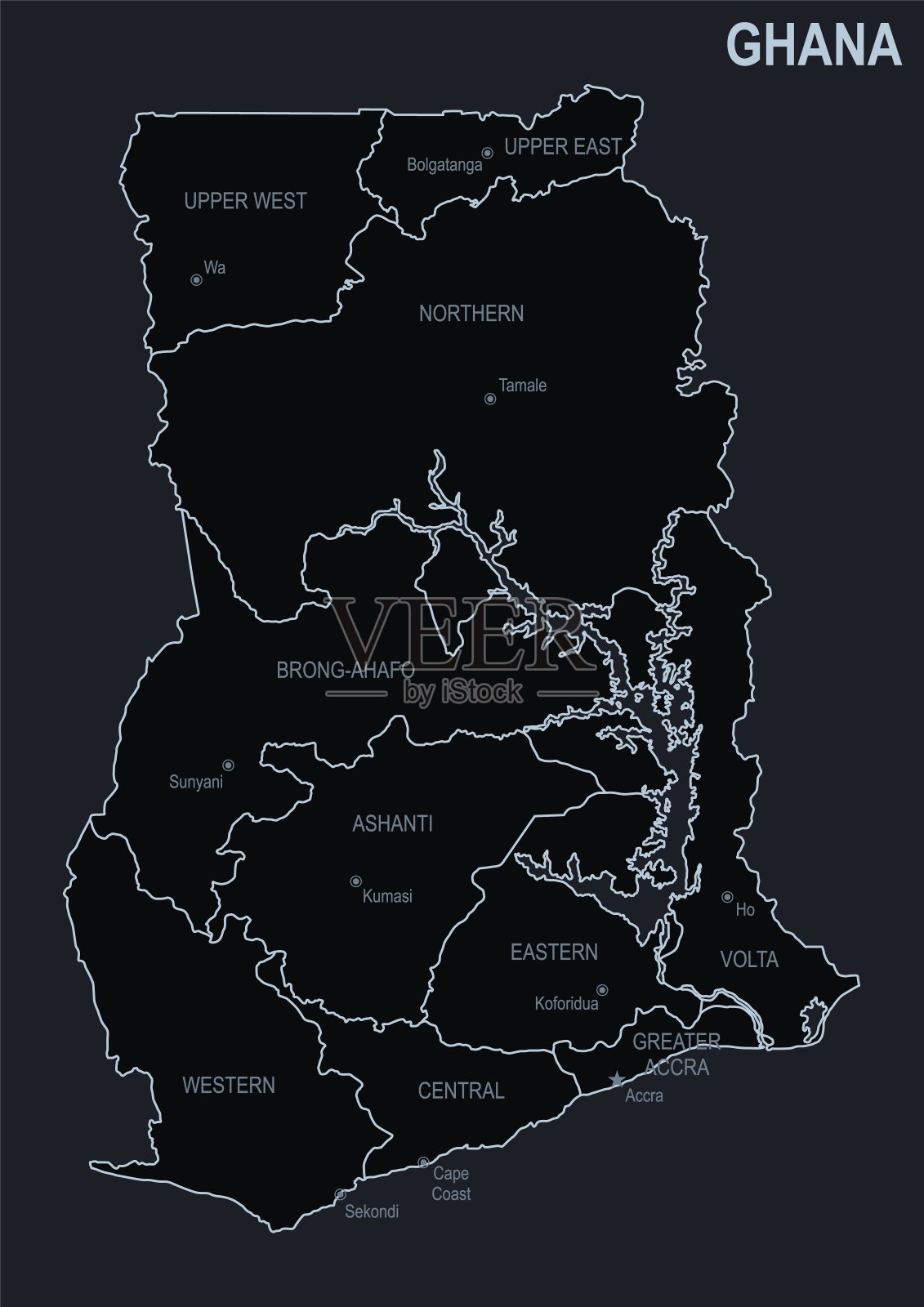 加纳的平面地图，以黑色为背景的城市和地区插画图片素材