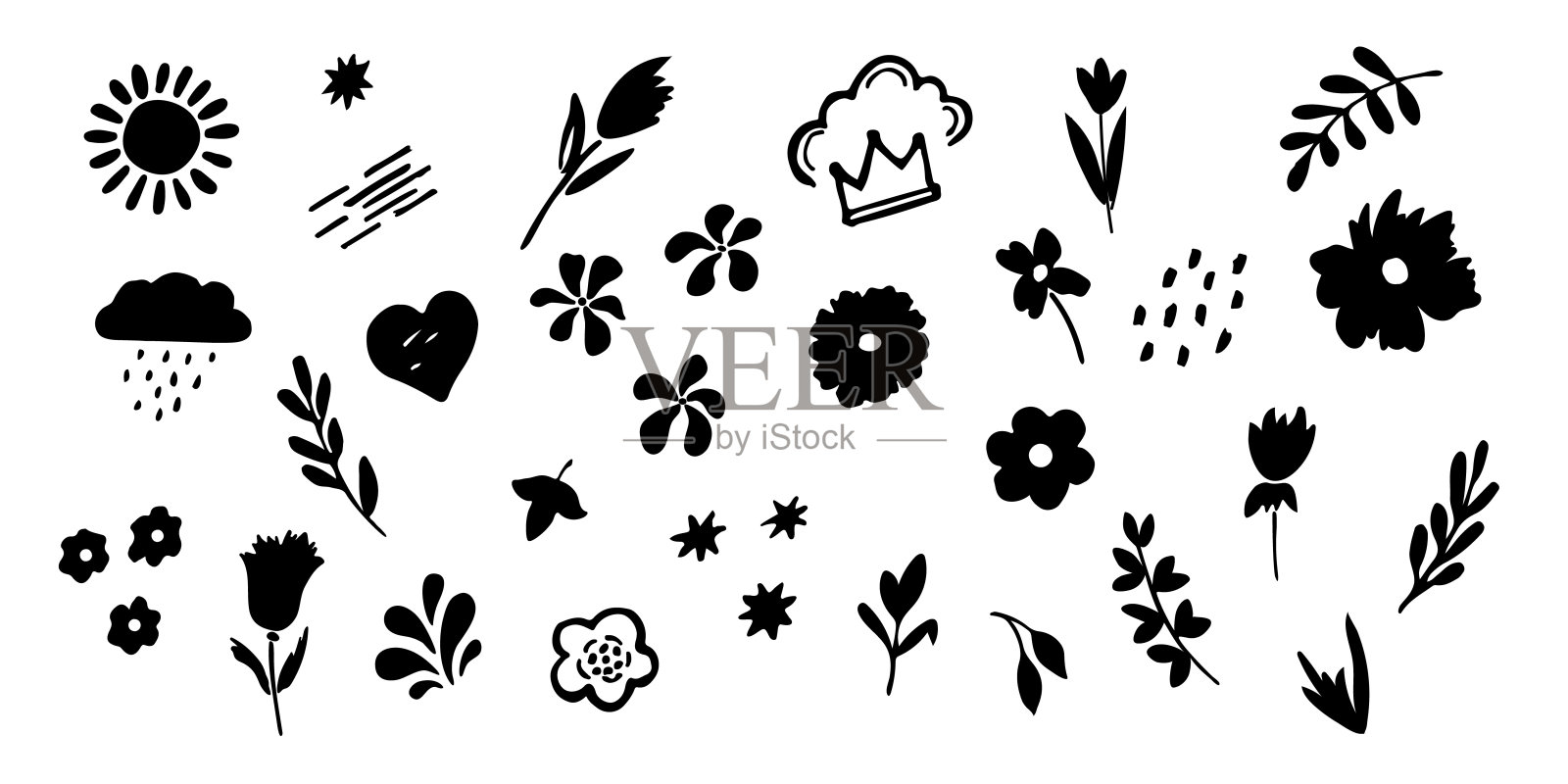 各种形式的铅笔画的涂鸦-花，点，树枝，皇冠，云。手绘写生。矢量插图隔离在白色背景上。插画图片素材