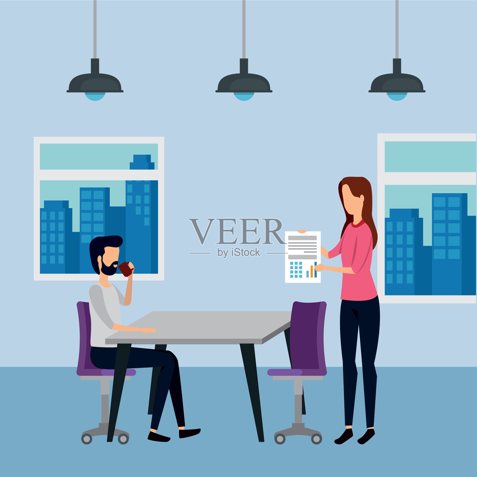 优雅的商务夫妇在办公室工作插画图片素材