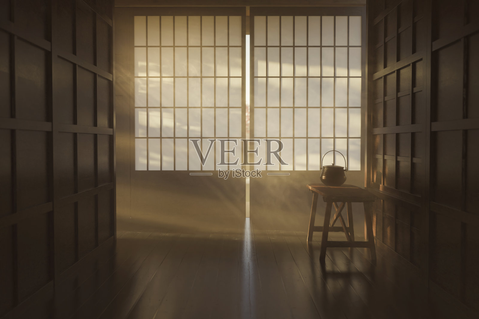 在傍晚阳光下的日式木制走廊的3d渲染照片摄影图片