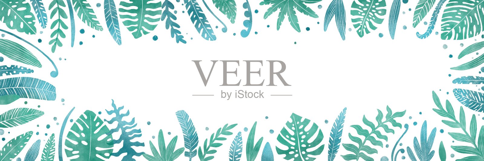 夏季卡通背景与框架或边界制成的绿色热带棕榈叶或丛林异国情调的树叶和文本的地方。季节色彩丰富的现实插图插画图片素材