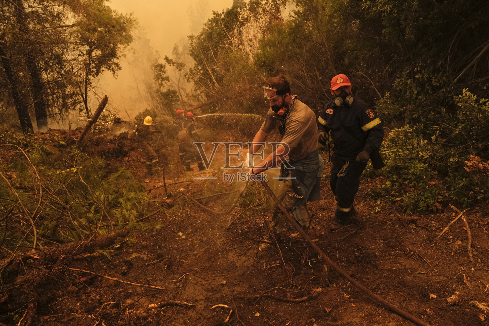 消防队员和当地人试图扑灭野火照片摄影图片