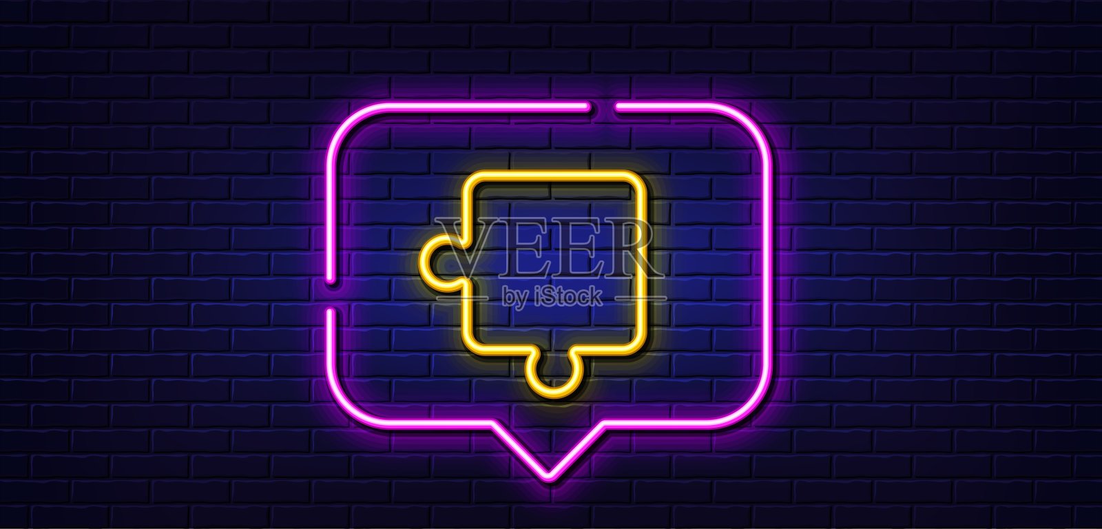 拼图片线图标。拼图游戏形状的标志。霓虹灯语音泡泡。向量图标素材