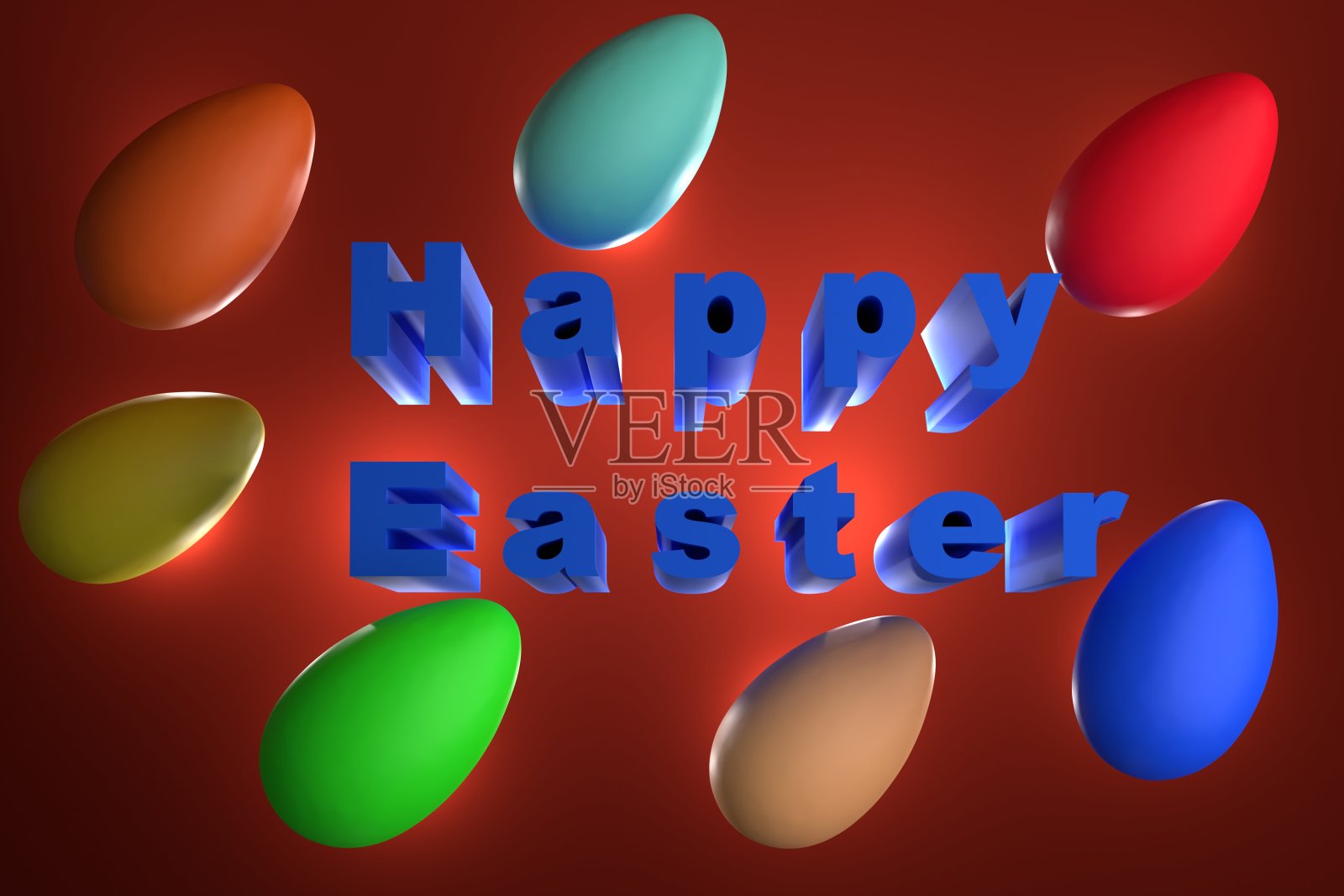 彩色彩蛋和铭文复活节快乐。红色的背景。从上面看。3 d渲染。照片摄影图片