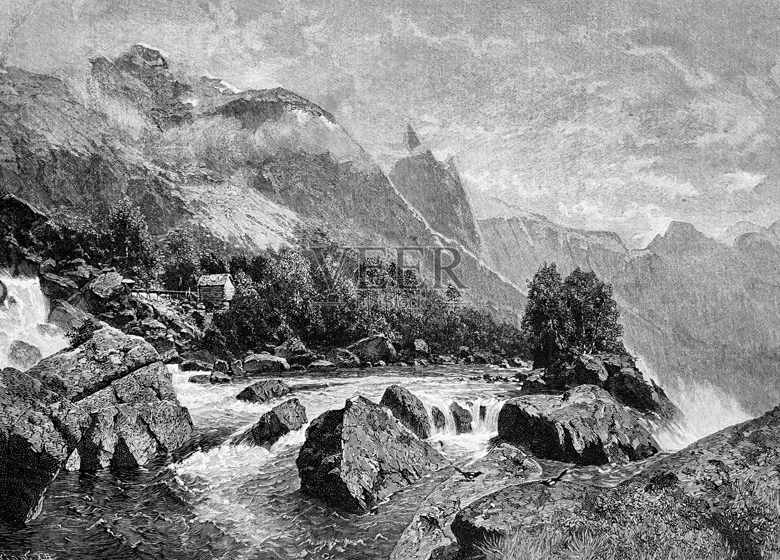 劳Vengedalen谷里的瀑布,Møre Og壮丽景色,挪威插画图片素材