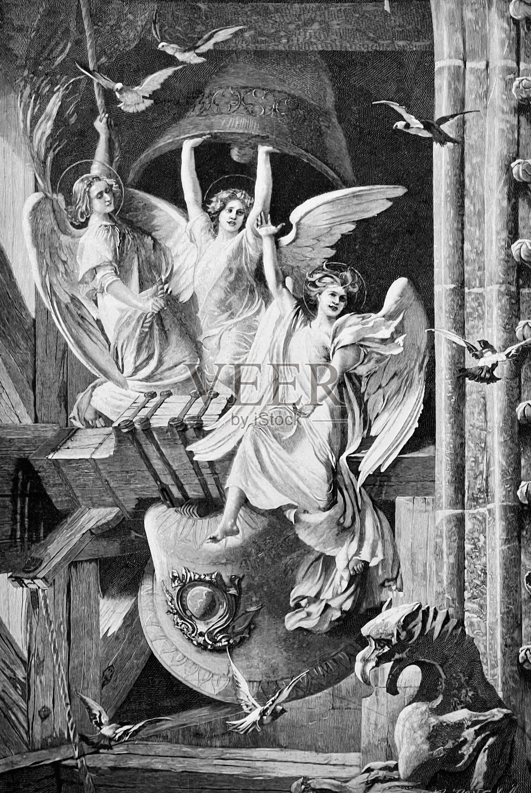 由天使操纵的圣诞钟声插画图片素材