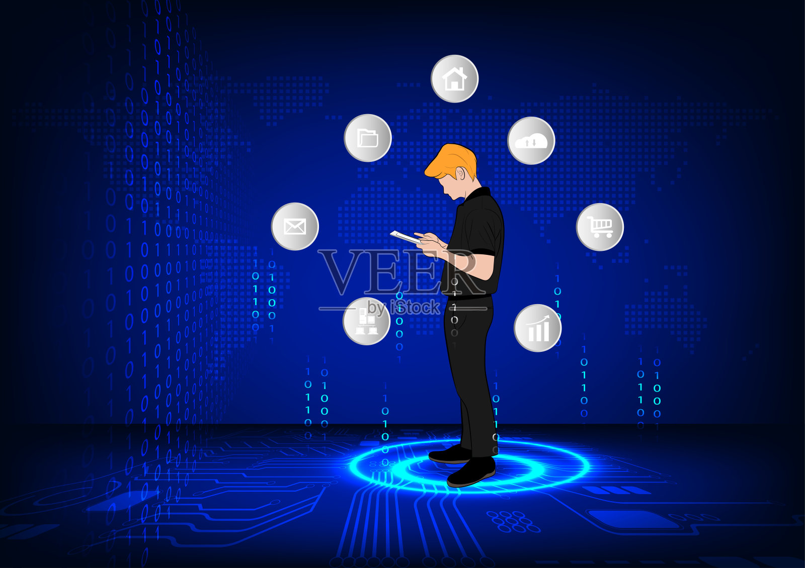 图形绘制业务人员持有智能手机使用连接通信的云计算插画图片素材