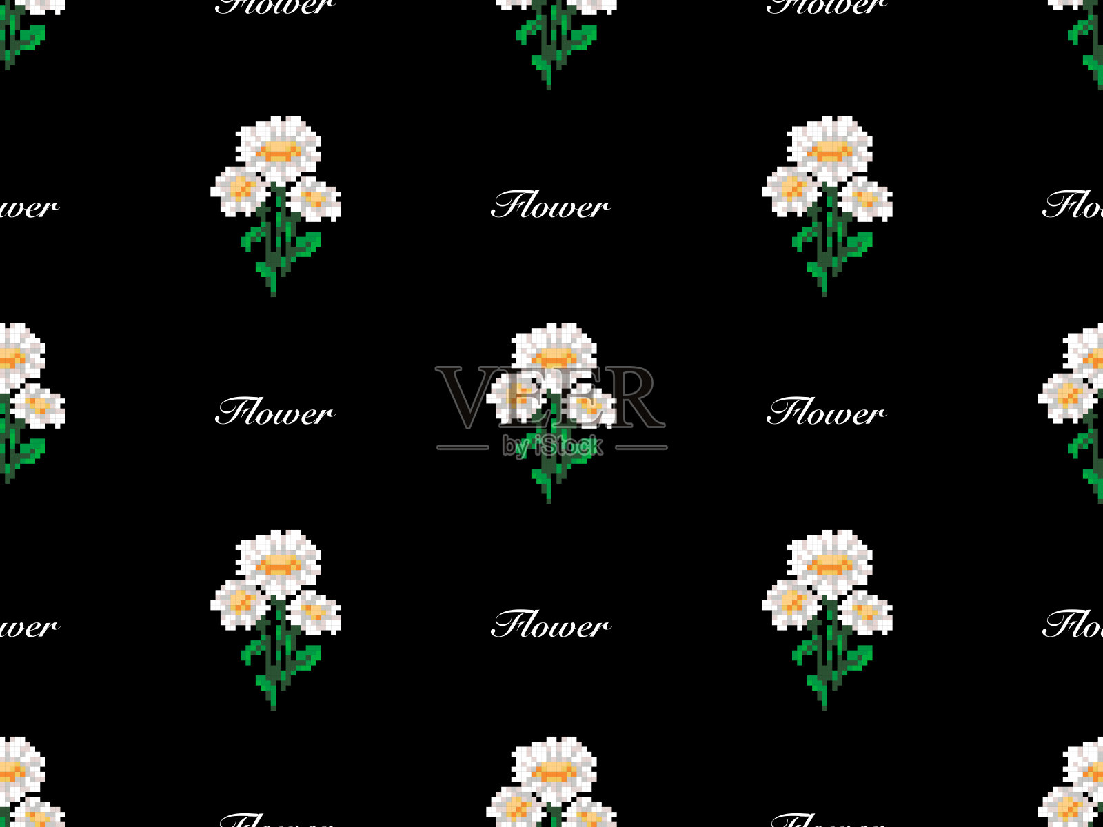 花朵卡通人物无缝图案的黑色背景。插画图片素材