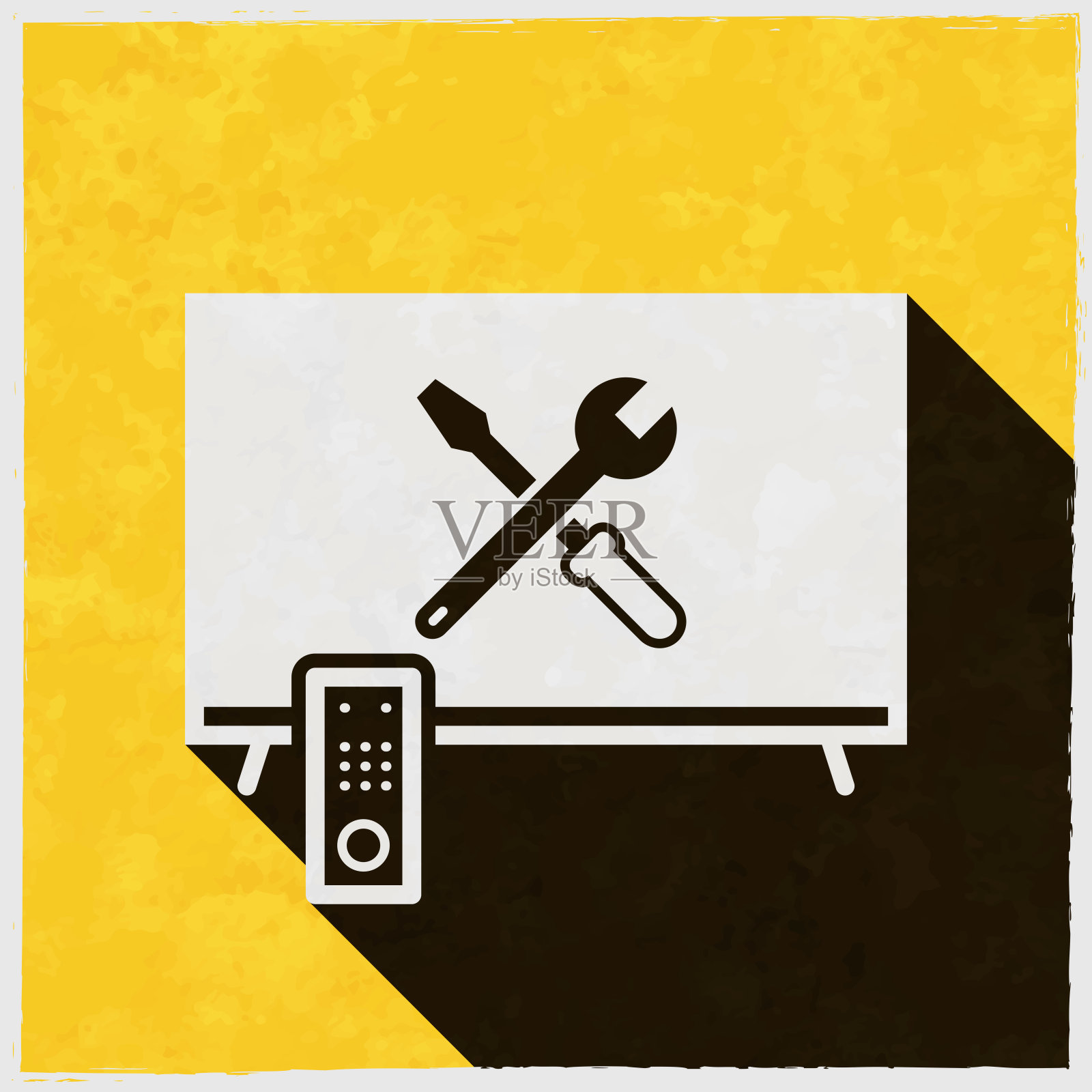 电视设置-工具。图标与长阴影的纹理黄色背景插画图片素材