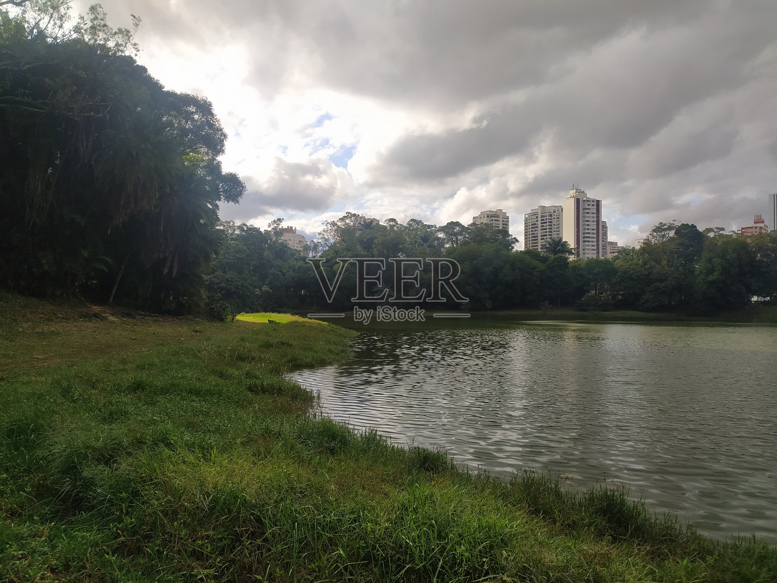 秋天的一个阴天里，Aclimacao公园的湖岸照片摄影图片