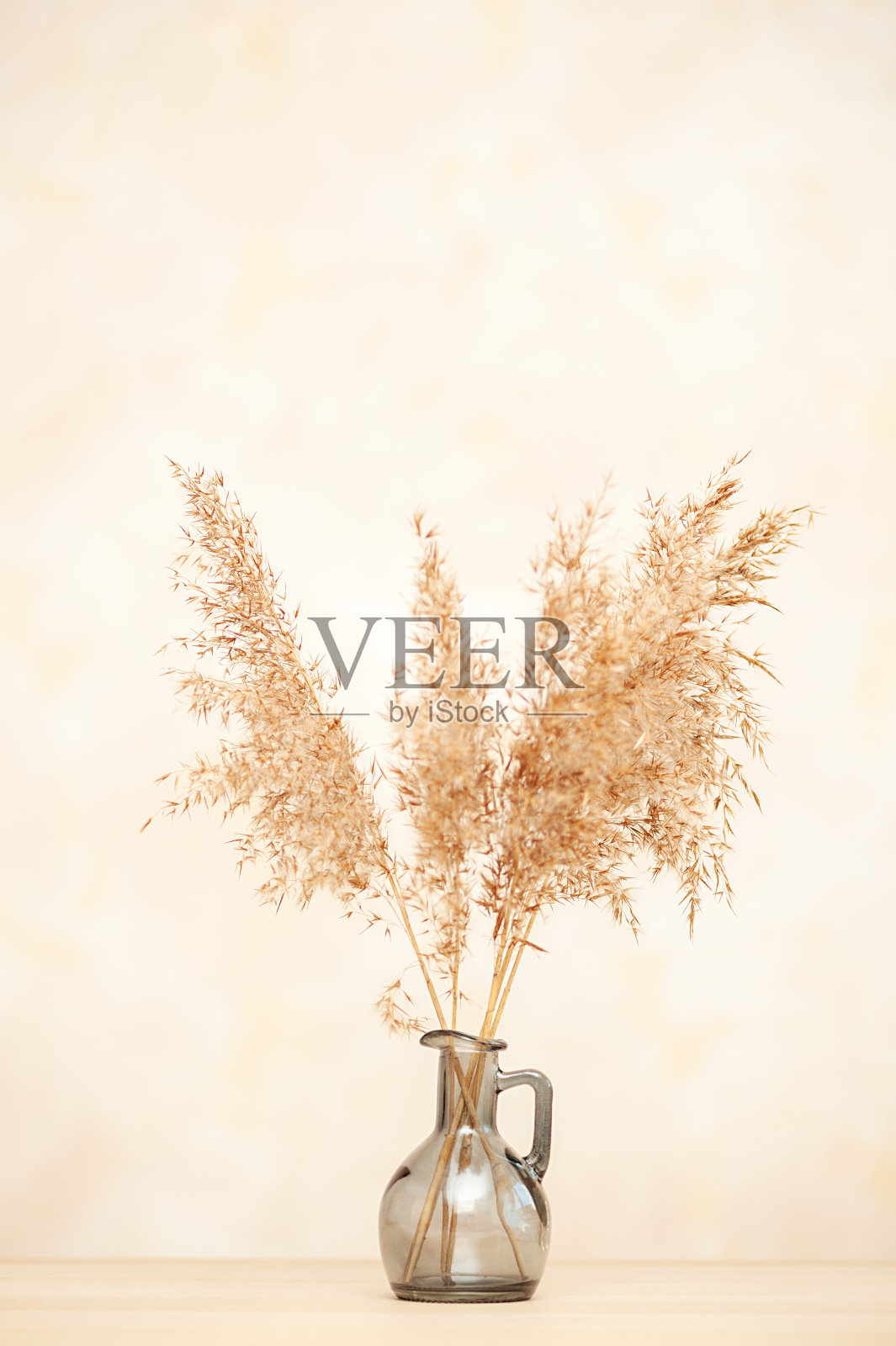 漂亮的干植物花束插在花瓶里，靠在浅色的墙上。垂直图照片摄影图片