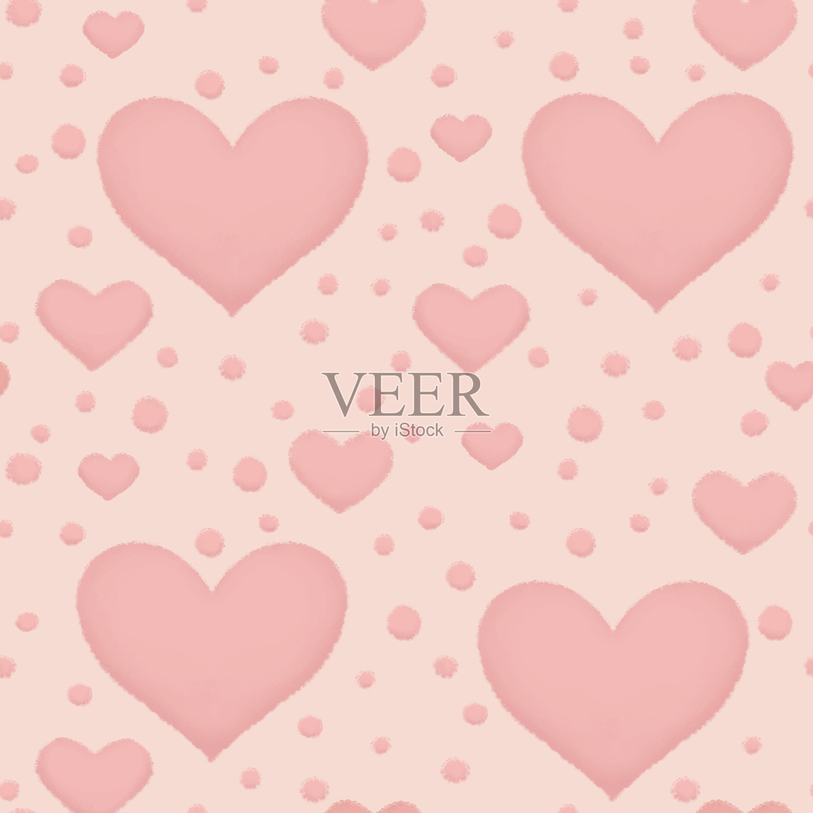 心形和圆点与粉红色粉笔或蜡笔无缝图案的纹理效果可爱的风格插画图片素材