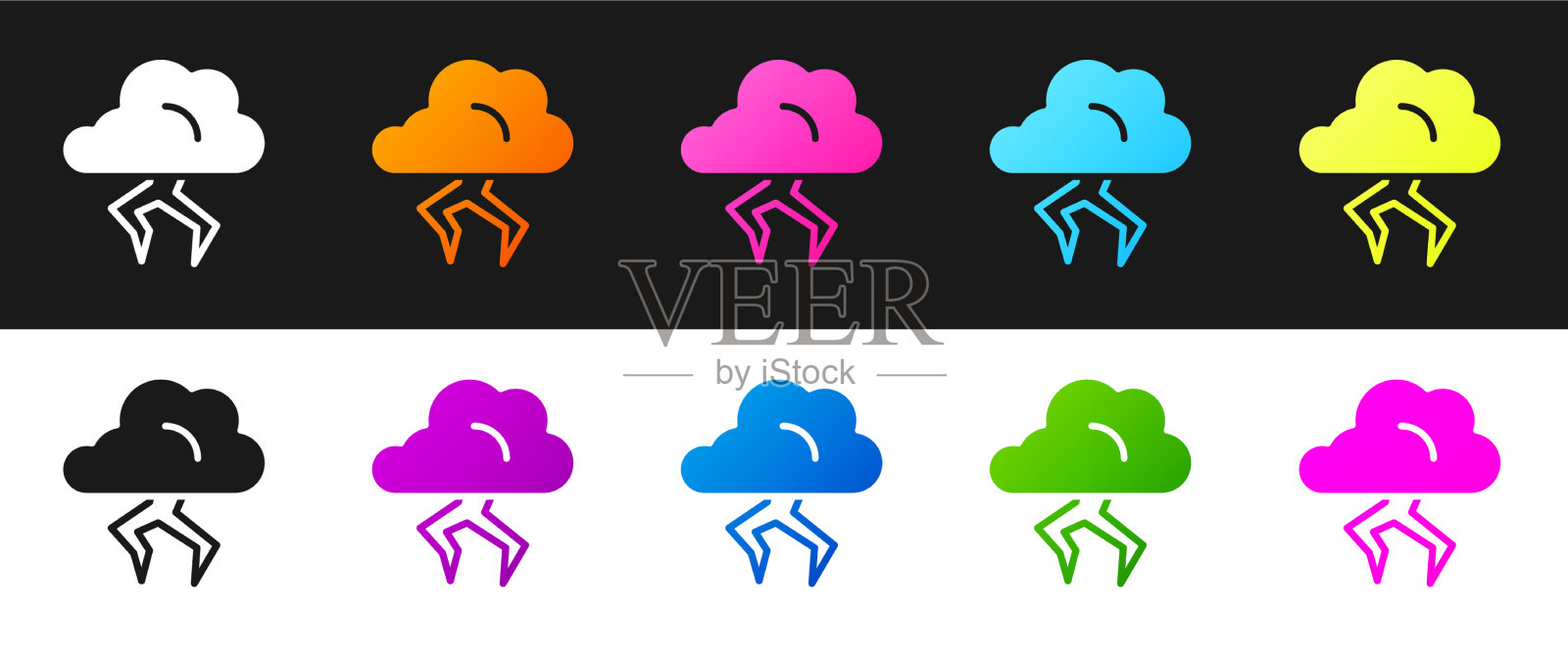设置风暴图标隔离在黑色和白色图标素材