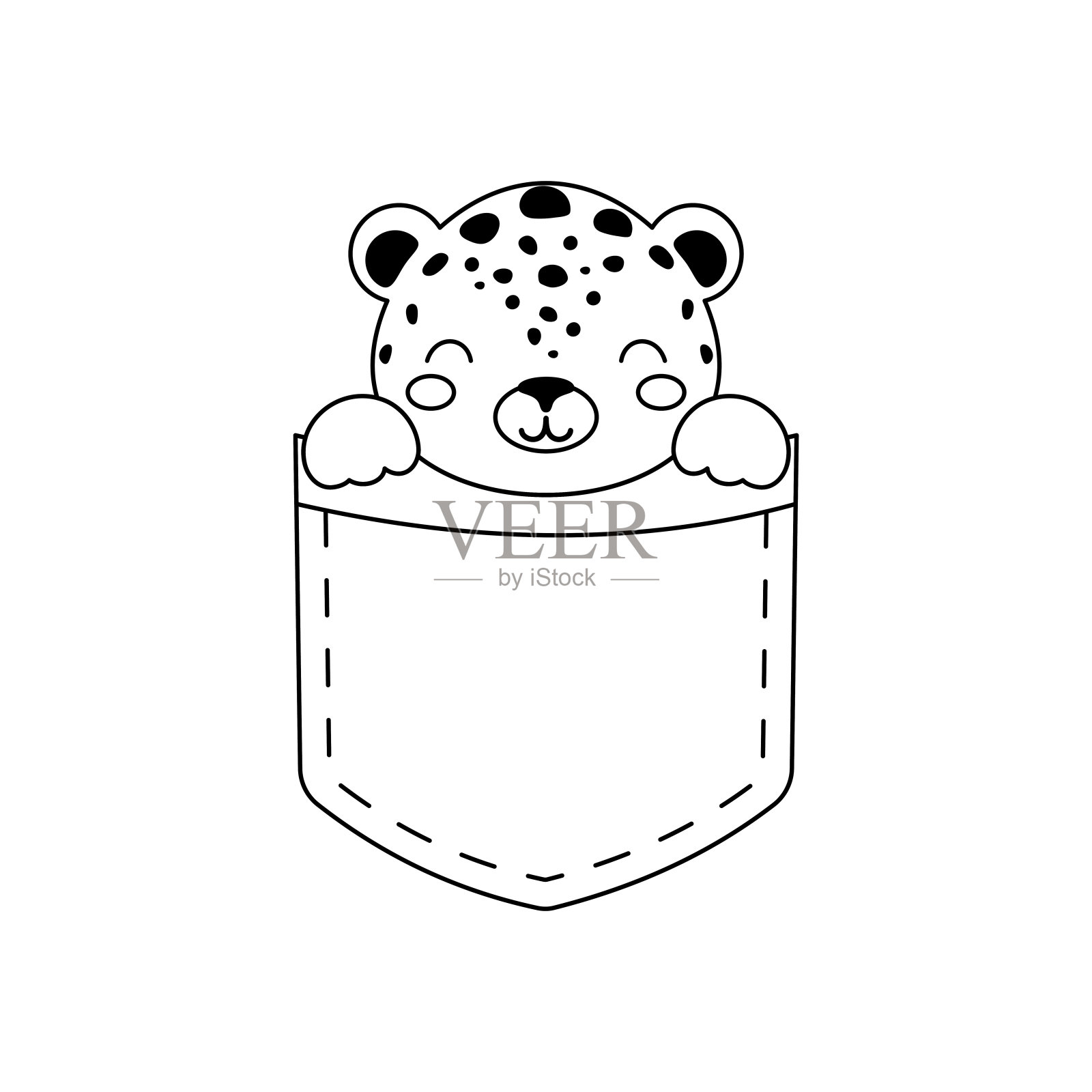 可爱的猎豹坐在口袋里。动物脸在斯堪的纳维亚风格的儿童t恤，穿，托儿所装饰，贺卡，邀请，海报，房子内部。向量股票插图插画图片素材