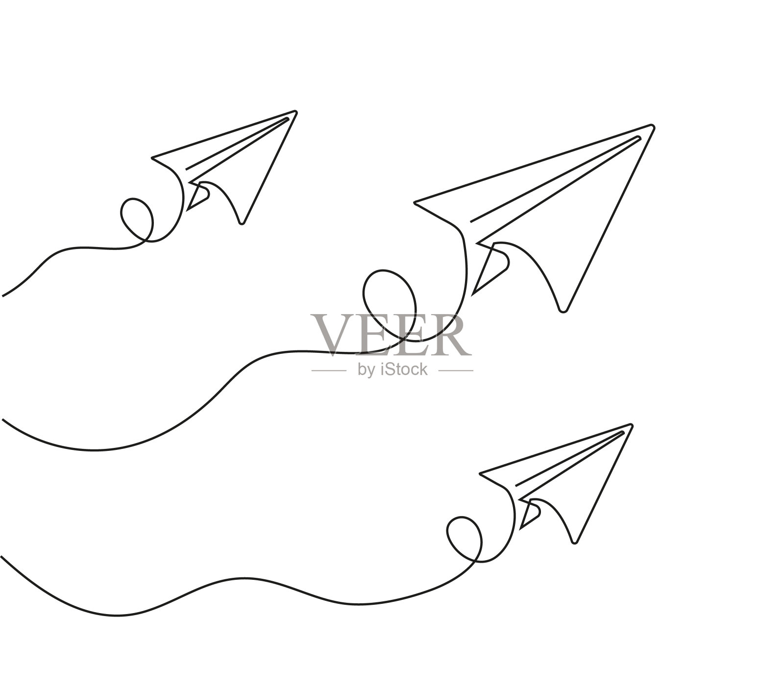飞机图标连续风格，与飞行路线矢量。涂鸦信息，短信，电子邮件符号。信件投递插图大纲风格。手绘风格的纸飞机。插画图片素材