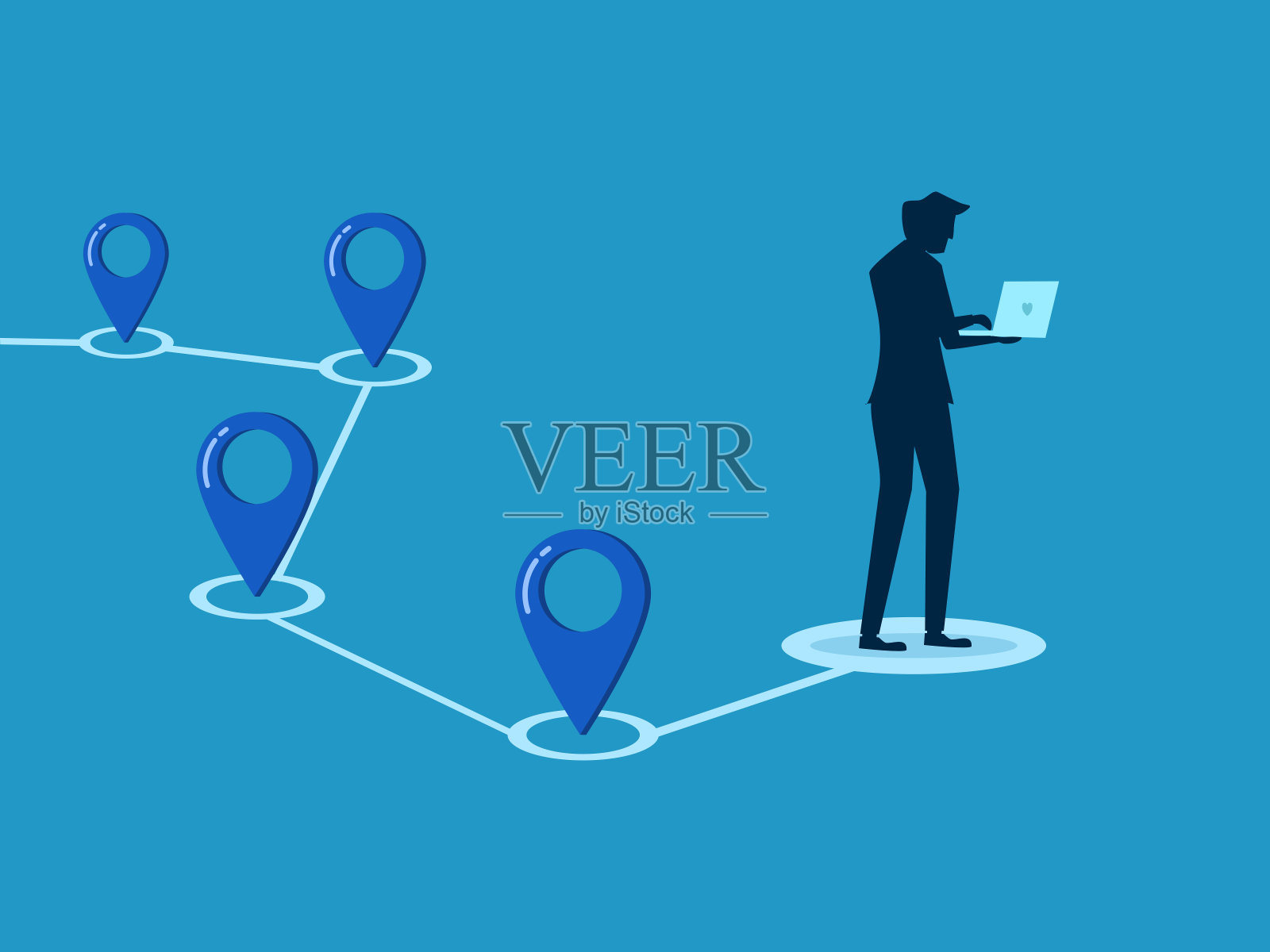 未来的运输物流。商人用笔记本电脑定位插画图片素材