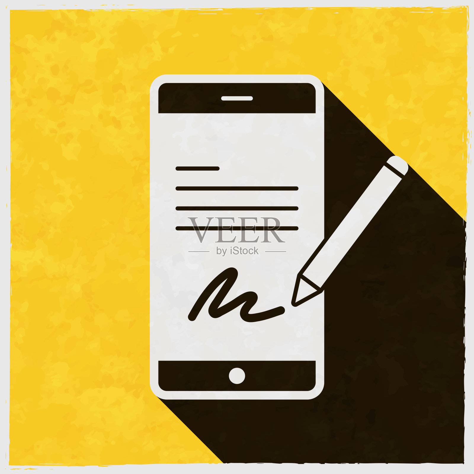 智能手机上的电子签名。图标与长阴影的纹理黄色背景插画图片素材