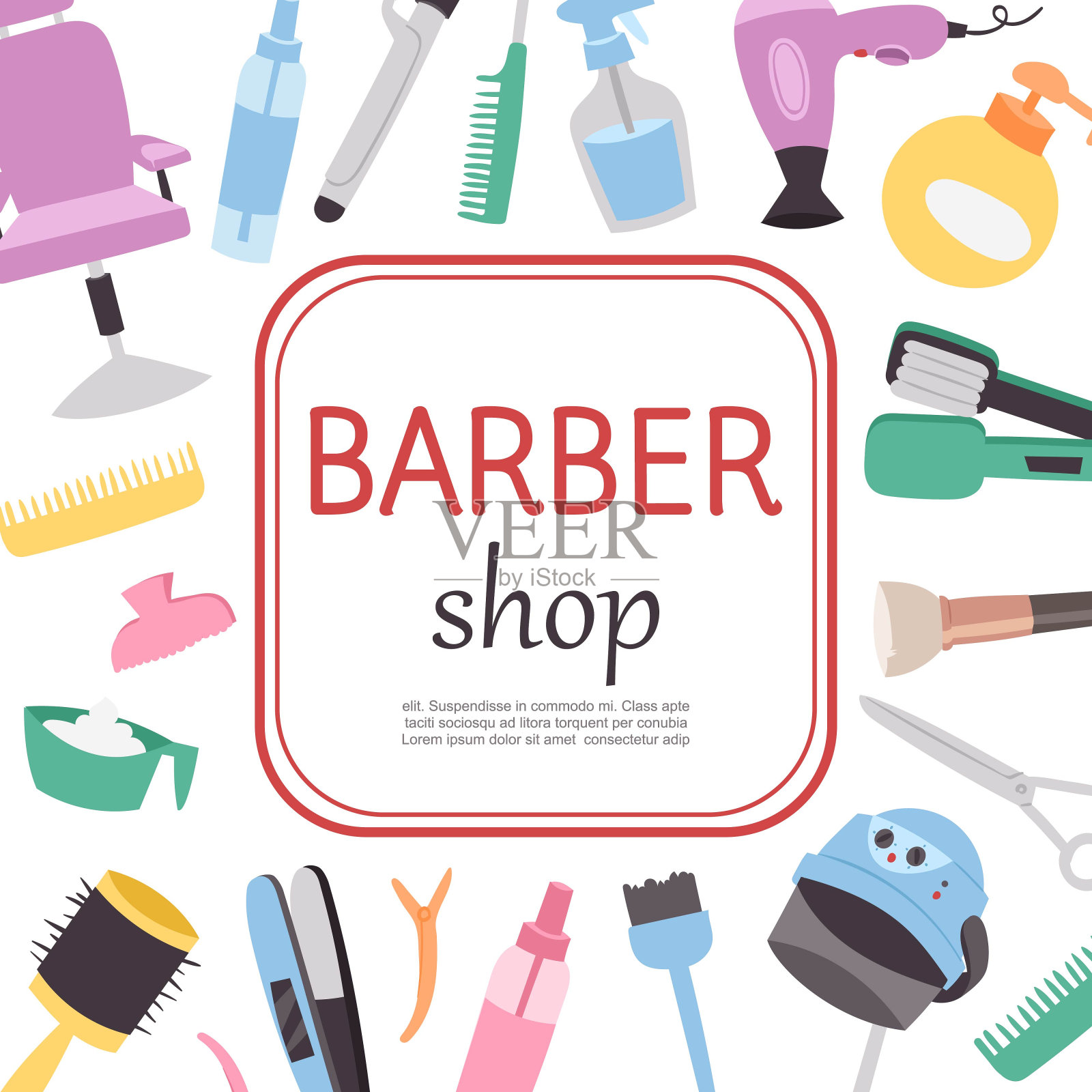 理发店卡通海报，理发师工作工具模板与您插画图片素材