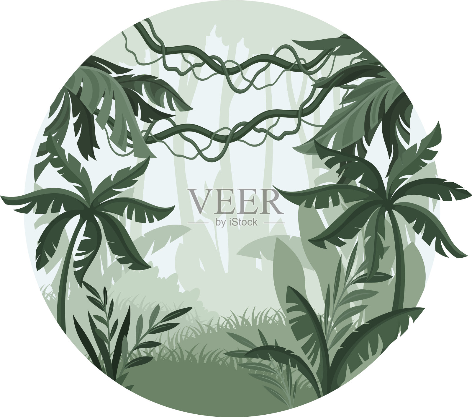 丛林景观中有棕榈树和植物插画图片素材