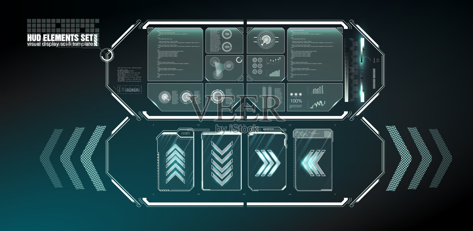 未来的矢量HUD界面屏幕设计。数字标注标题。HUD UI GUI未来的用户界面屏幕元素设置。高科技视频游戏屏幕。科幻概念设计。插画图片素材