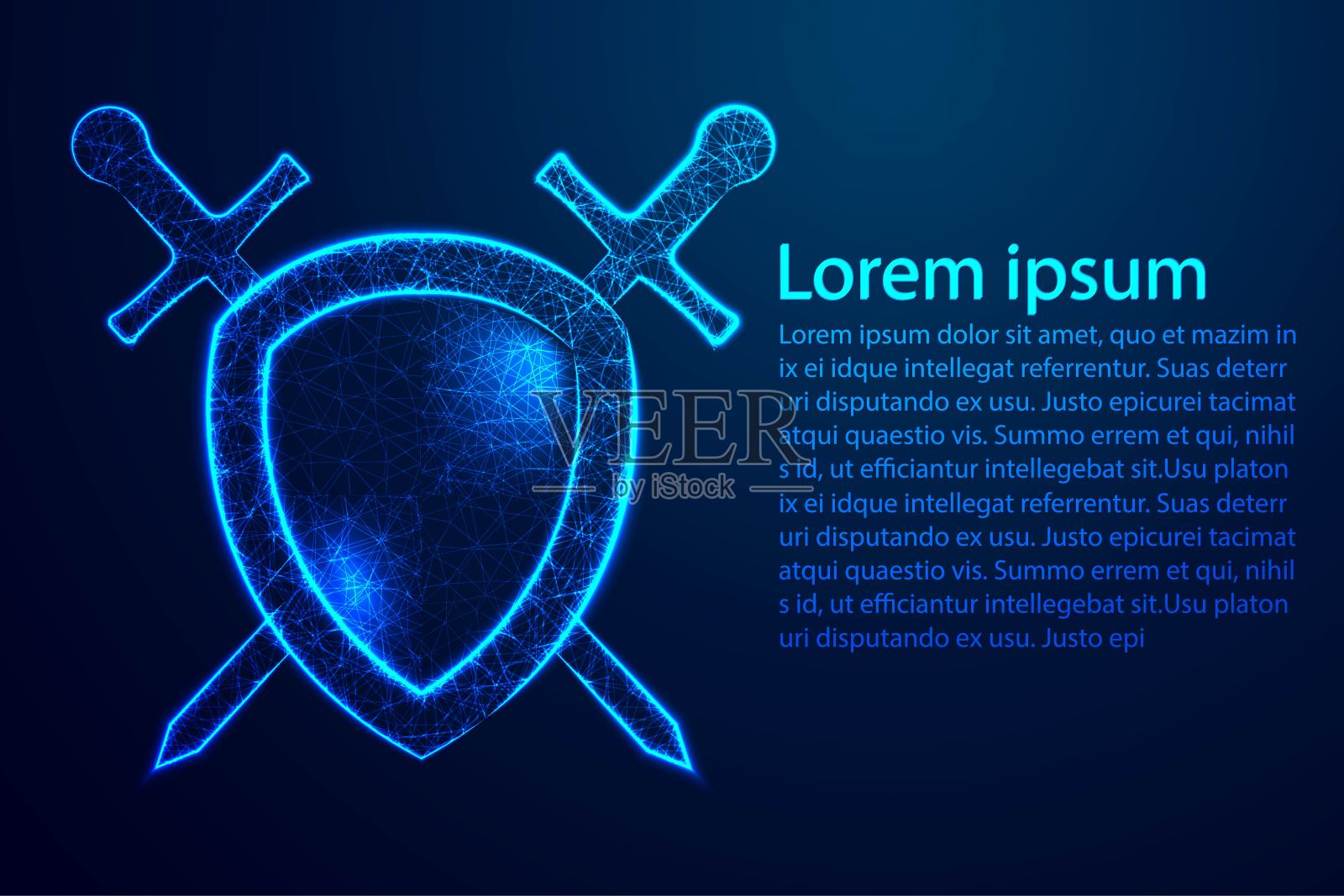 盾牌和剑，保护和安全的概念。摘要网丝低聚，网丝框架多边形。背景说明插画图片素材