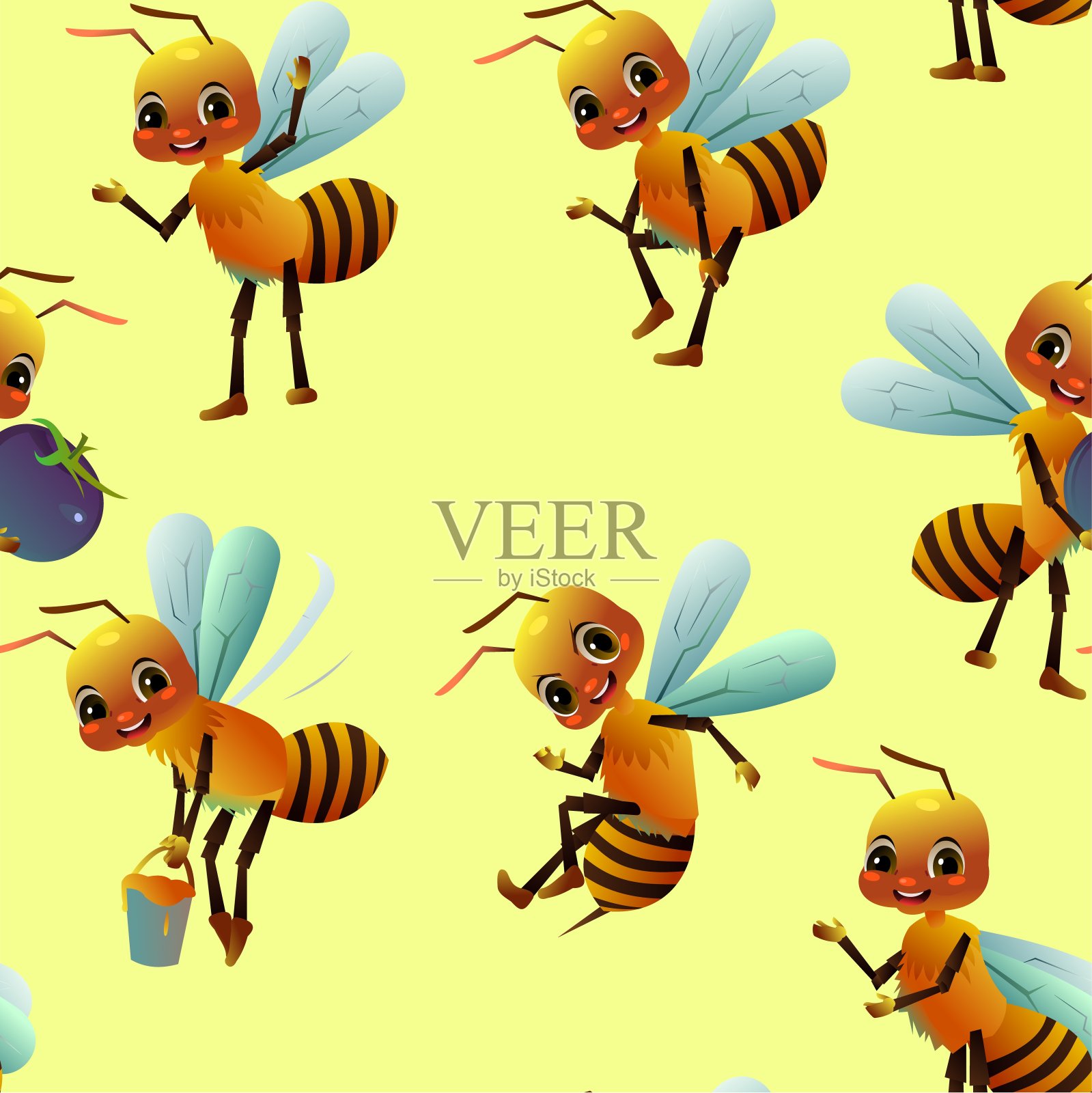 快乐的蜜蜂。无缝模式。邀请的姿势。野生动物对象。一些有趣的昆虫。可爱的卡通风格。向量插画图片素材