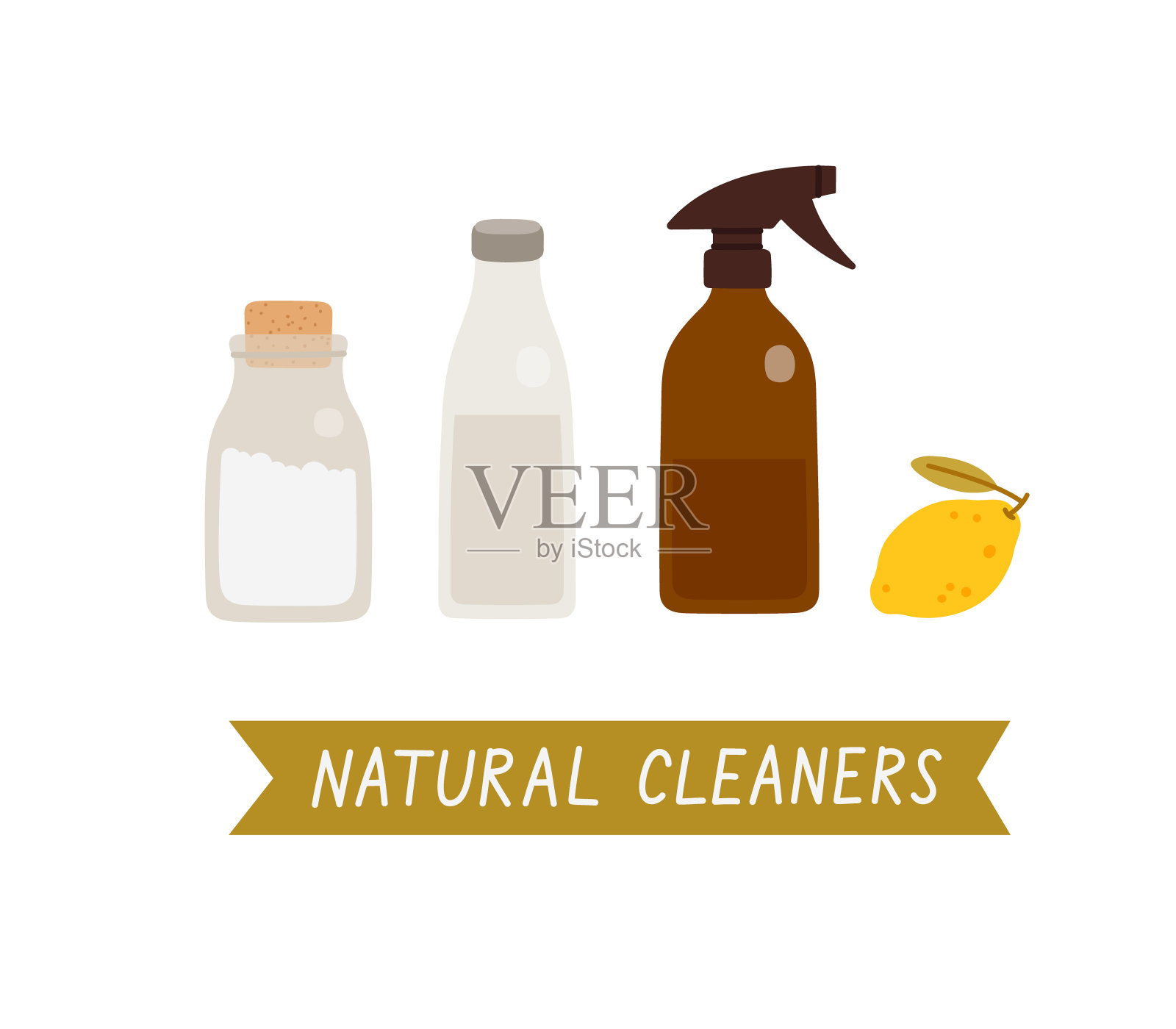 一套零废物可重复使用的玻璃罐与天然清洁剂。插画图片素材