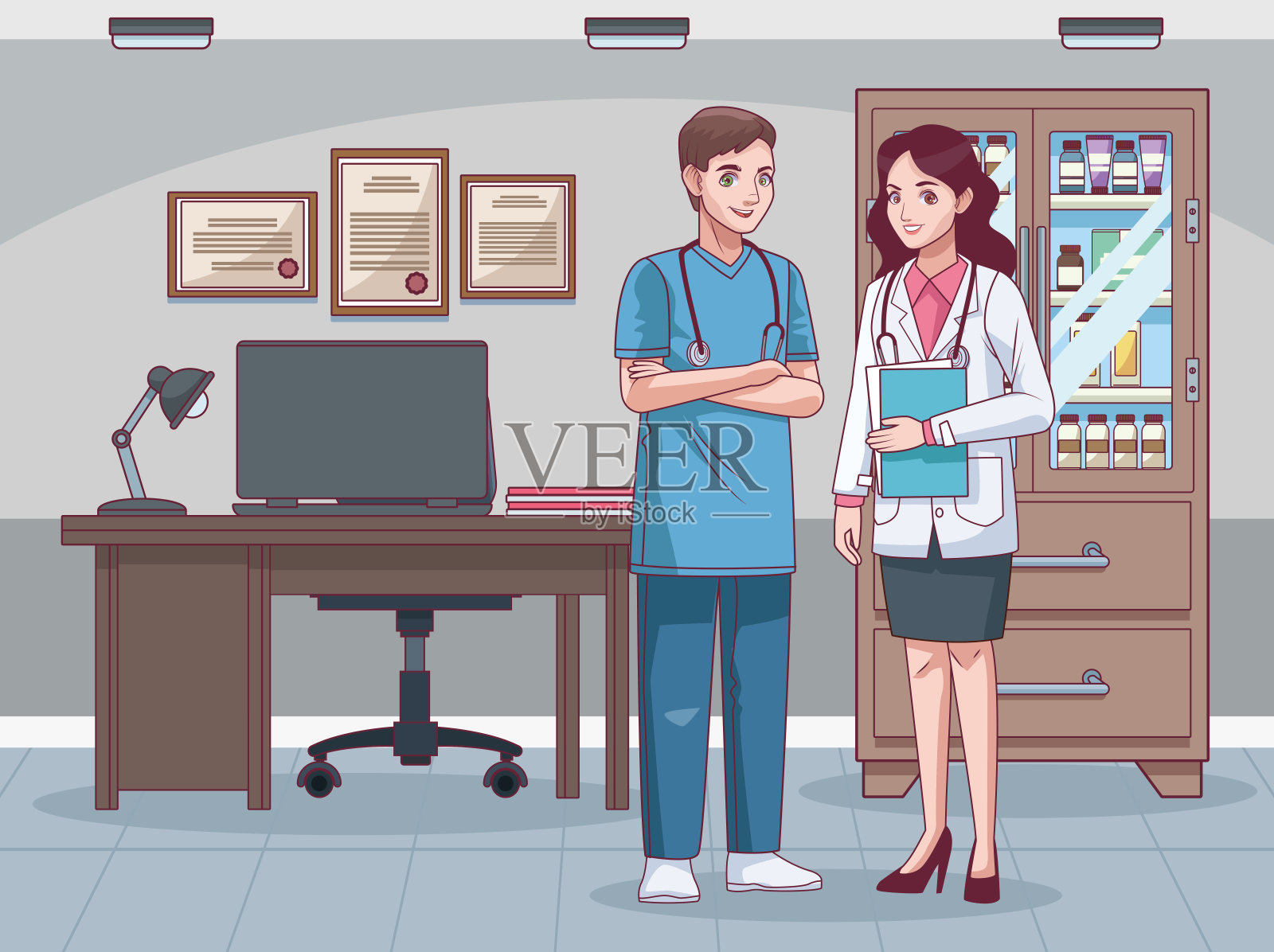 医生夫妇在工作场所插画图片素材
