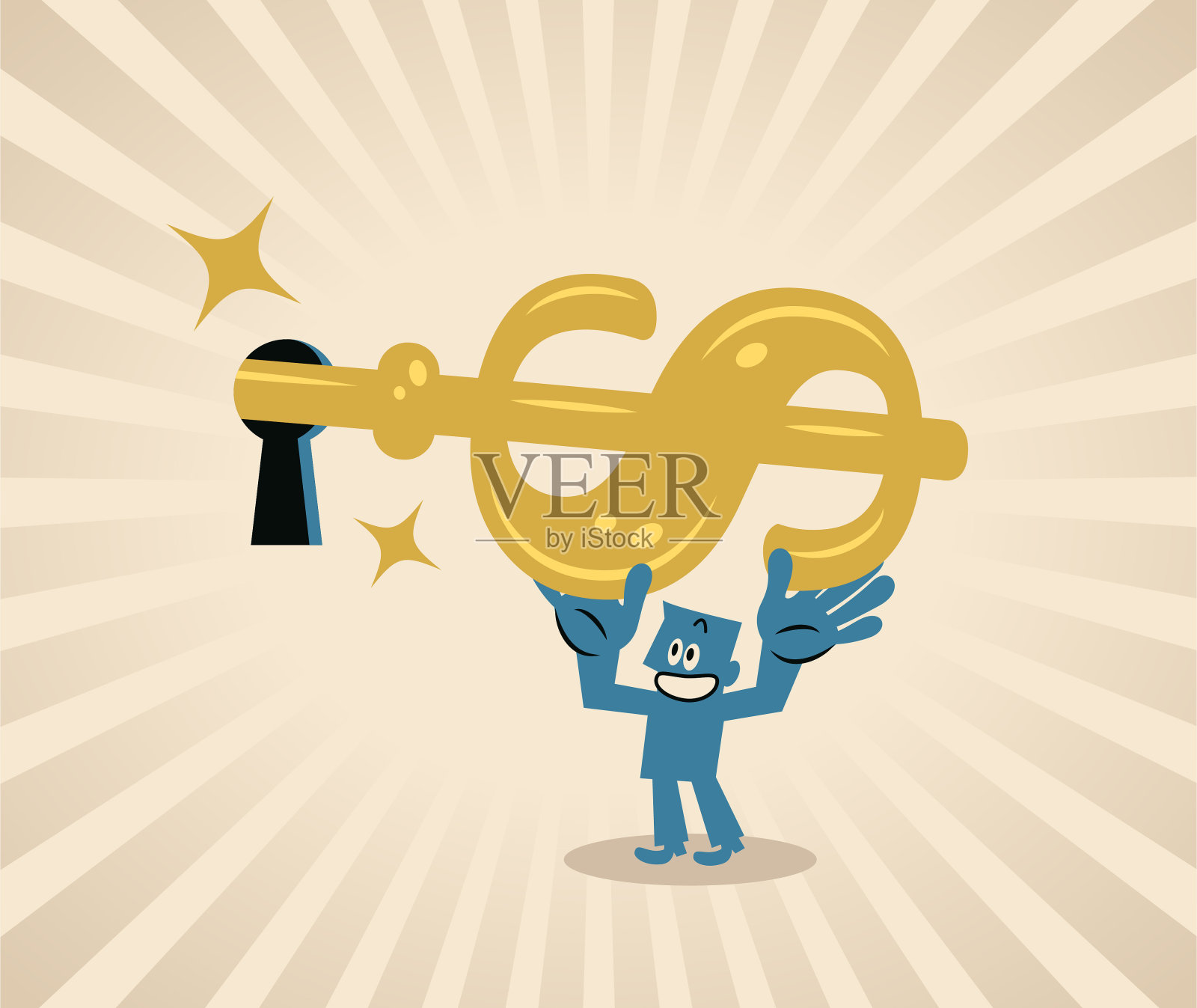 一个面带微笑的蓝色男人正把一把印有美元标志的大金钥匙插进钥匙孔里，用来锁门或开锁插画图片素材