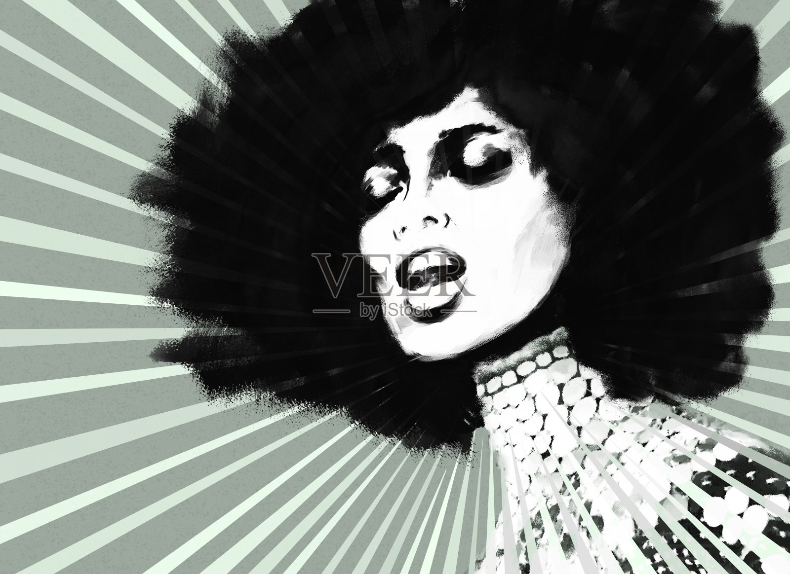 一个穿着高领连衣裙的黑皮肤歌手的肖像插画图片素材