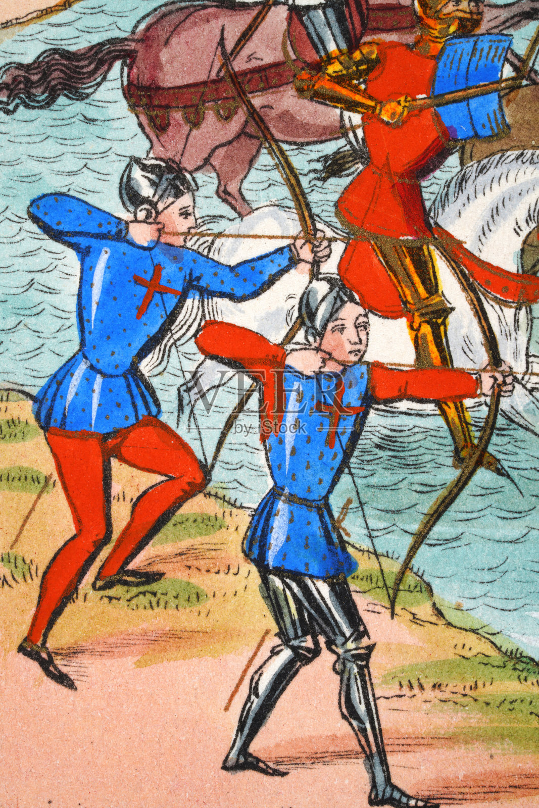 中世纪的弓箭手射箭，14世纪的战争，百年战争插画图片素材