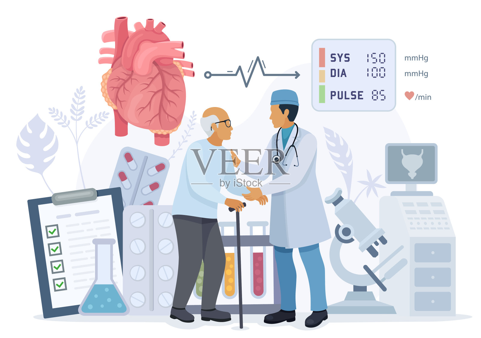 医生探访老年病人。男医生治疗乳房疼痛的病人。心脏病专家检查老人的心脏。插画图片素材