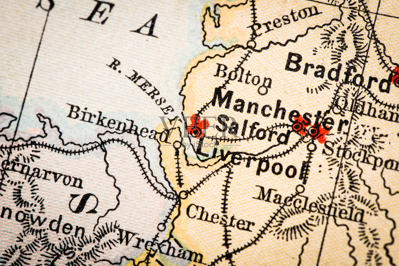 古董地图集地图宏观特写:利物浦，英格兰，英国插画图片素材