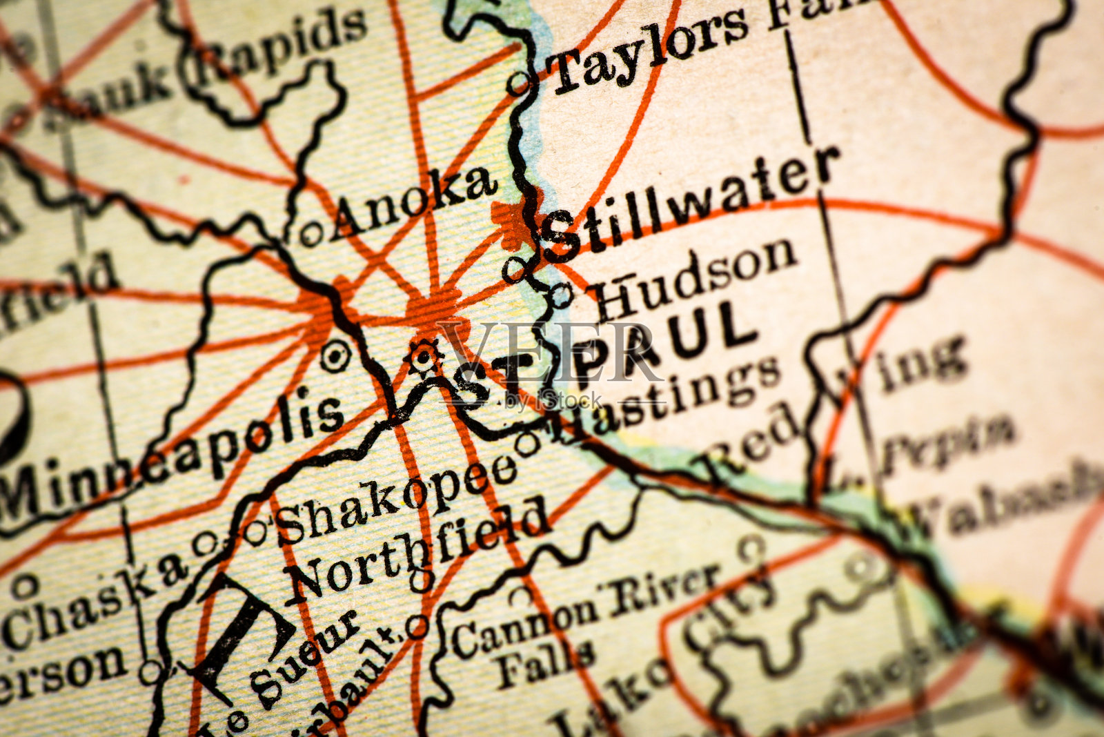 古董地图集地图宏观特写:圣保罗，明尼苏达州插画图片素材
