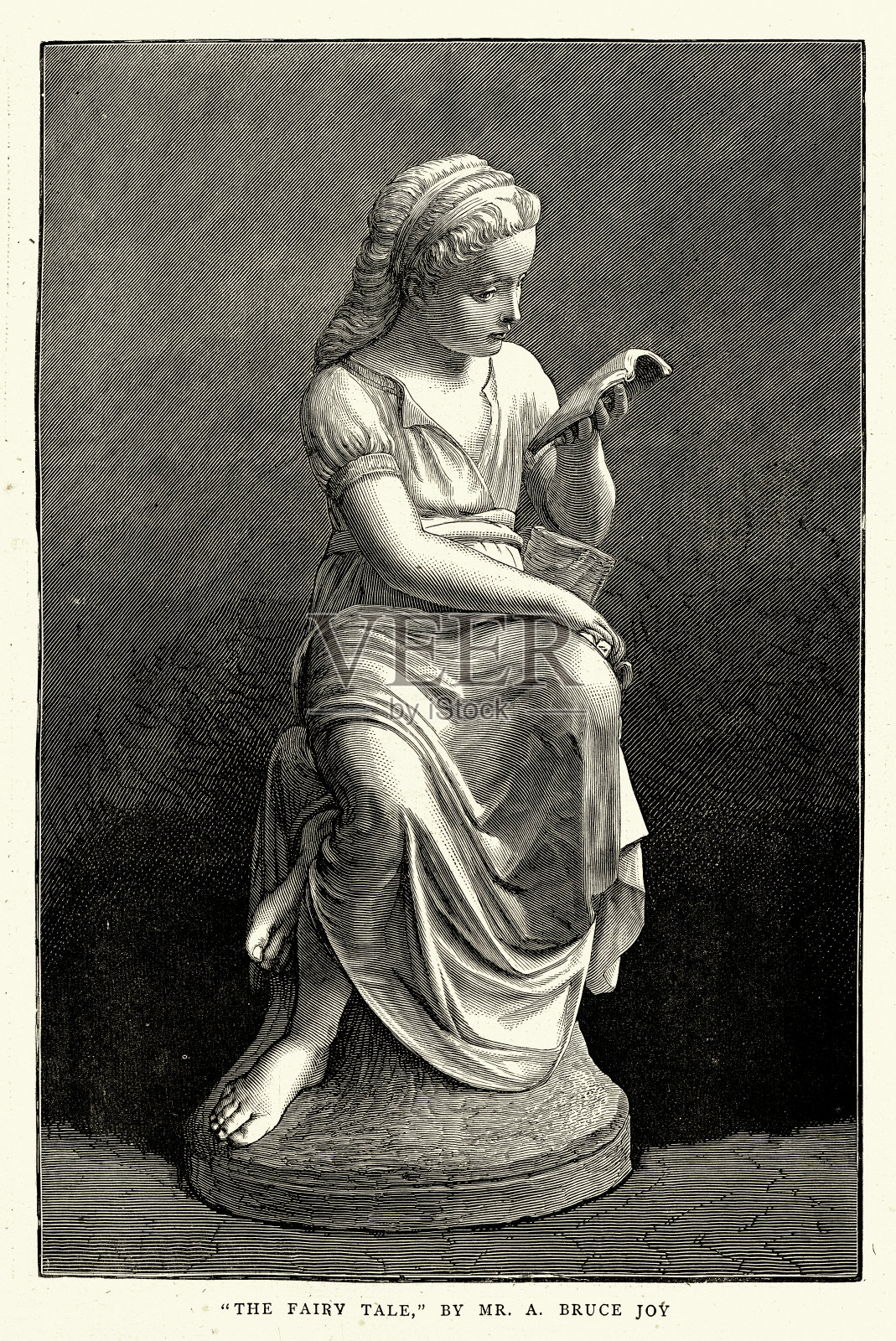 童话故事，阿尔伯特·布鲁斯-乔伊创作的一个年轻女孩读书的精美艺术雕像，19世纪70年代，维多利亚雕塑插画图片素材