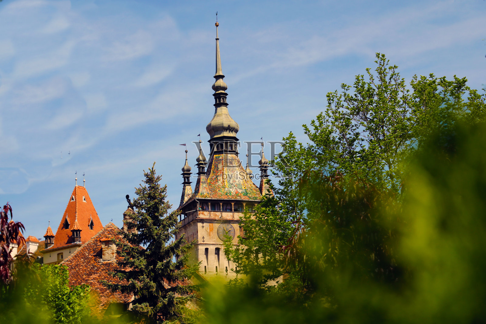 锡希isoara的城堡广场。欧洲罗马尼亚特兰西瓦尼亚,由撒克逊人建造的中世纪城市和钟楼。照片摄影图片