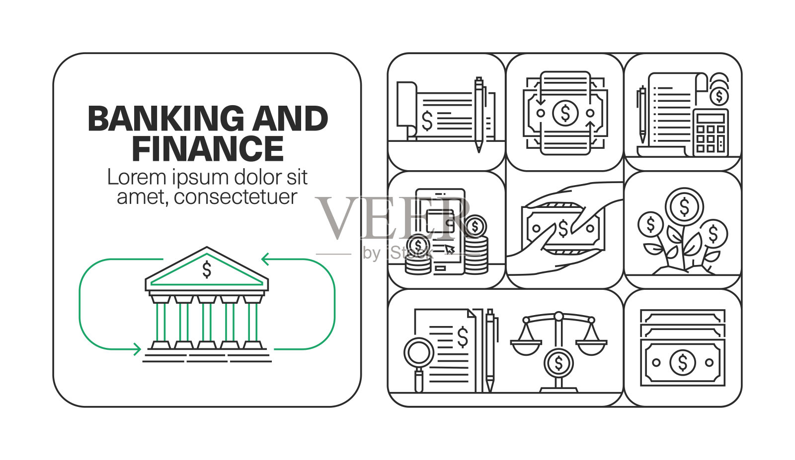 银行和金融横幅线图标集设计插画图片素材