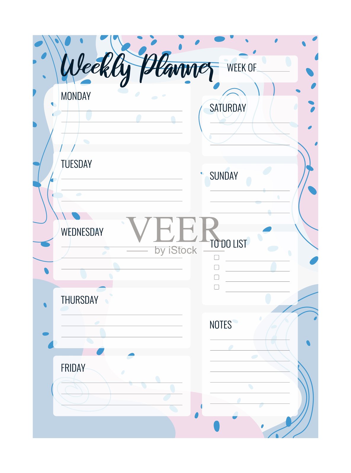 每周计划可打印矢量模板。空白的组织者页A4, A5。一周的业务日程安排页面进行有效规划。个人笔记本电脑。纸张。白色背景。插画图片素材