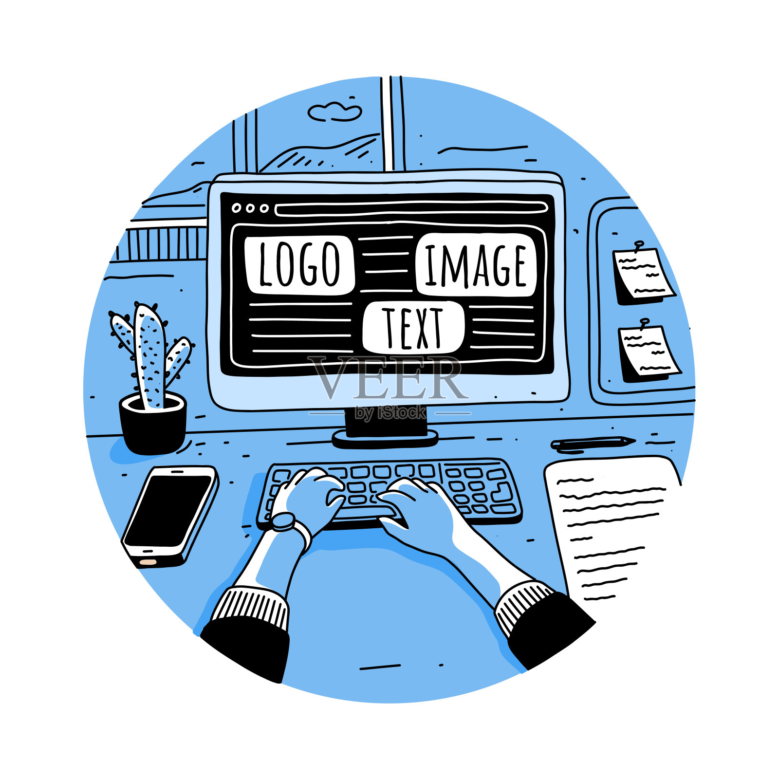 做网页设计和网页编码的年轻人。矢量插图的网页设计开发设计理念。手绘，素描，涂鸦。插画图片素材