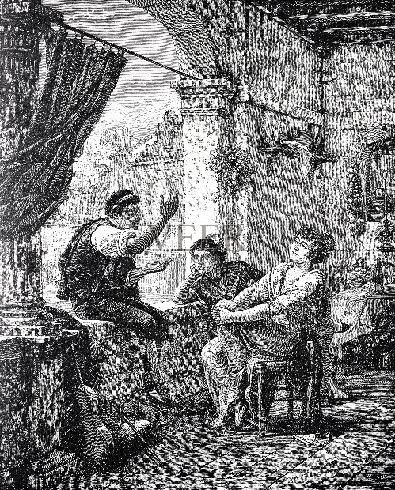 佩鲁贾，意大利，一对夫妇在露台上听一个讲故事的人用手势和刺激的方式说话插画图片素材