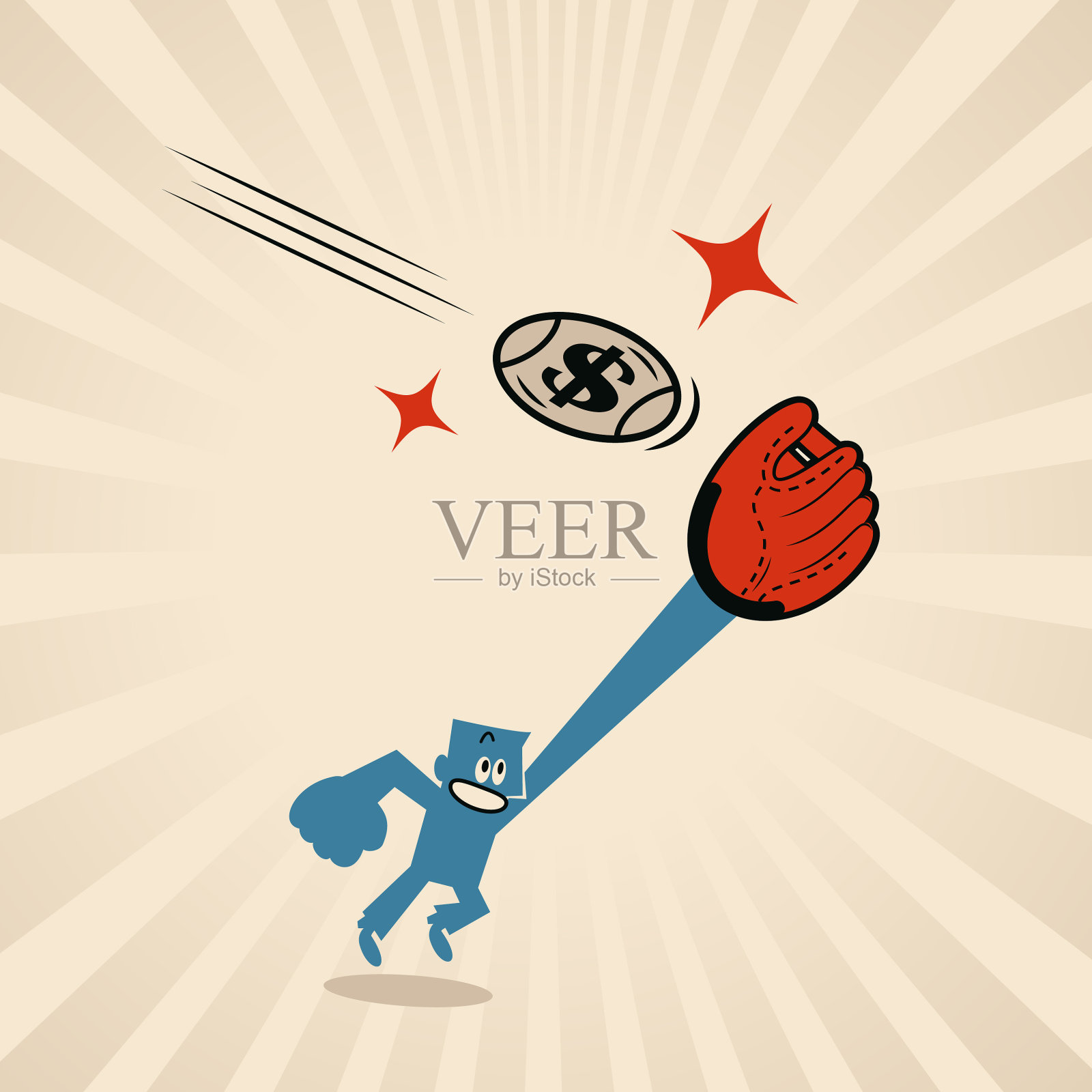 微笑的蓝色男人戴着棒球手套，接住有金钱符号的棒球插画图片素材