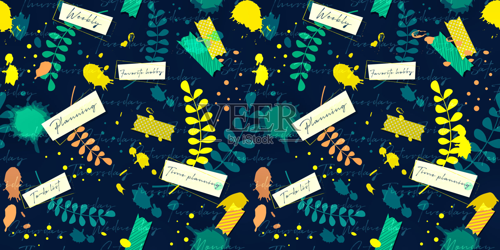 扁平风格的每周待办事项清单概念。抽象的彩色背景与细枝，贴纸和斑点在一个黑暗的抽象背景。创意时尚向量周模板。插画图片素材