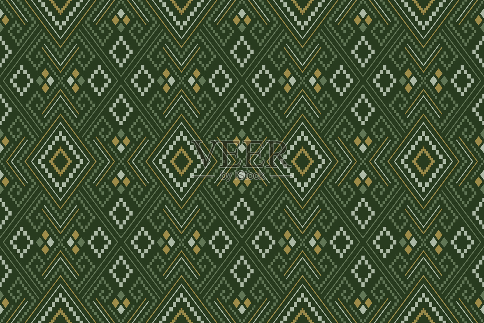 绿色十字绣彩色几何传统民族图案Ikat无缝图案边框抽象设计插画图片素材