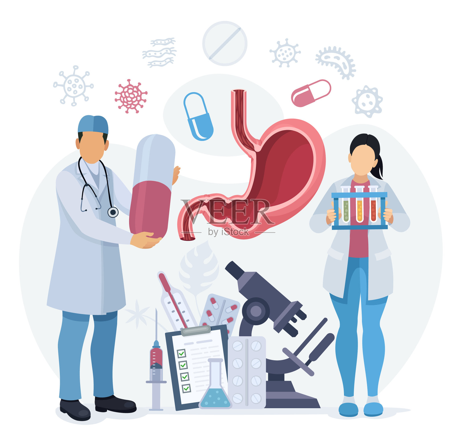 胃炎和幽门螺杆菌病引起胃痛的医学研究。医学研究团队学习和处方药。插画图片素材