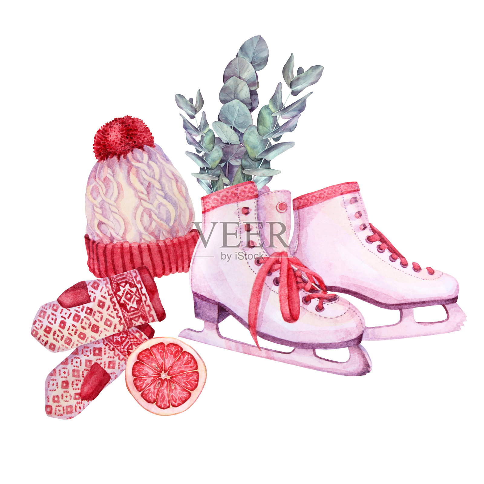 水彩冬季构图与红色的帽子和连指手套和冰鞋孤立在白色的背景。为圣诞节庆祝活动邀请或包装和速写本与桉树创意剪贴画插画图片素材