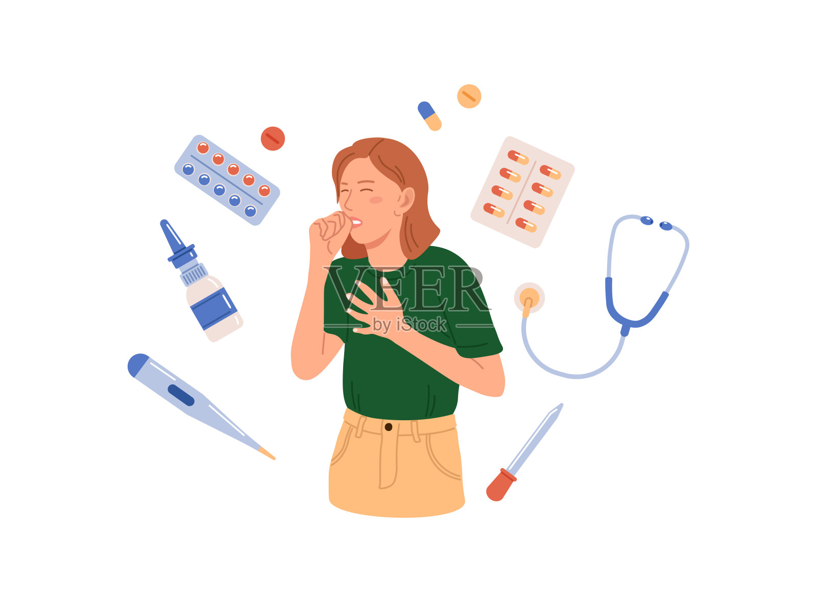 打喷嚏和咳嗽。预防病毒和感染。年轻女子感冒了。流感和疾病概念。医生用药片、胶囊治疗病人。流感的治疗插画图片素材