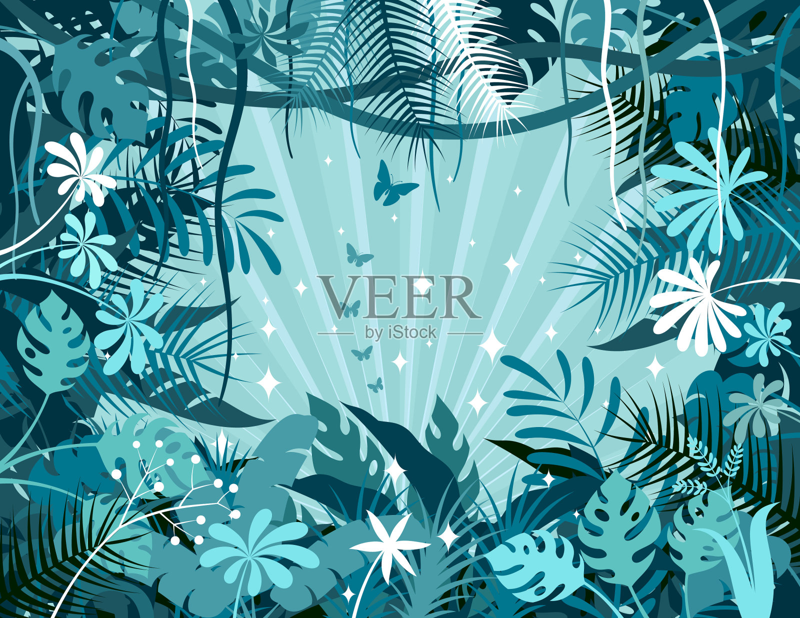 热带雨林背景。丛林框架海报。插画图片素材