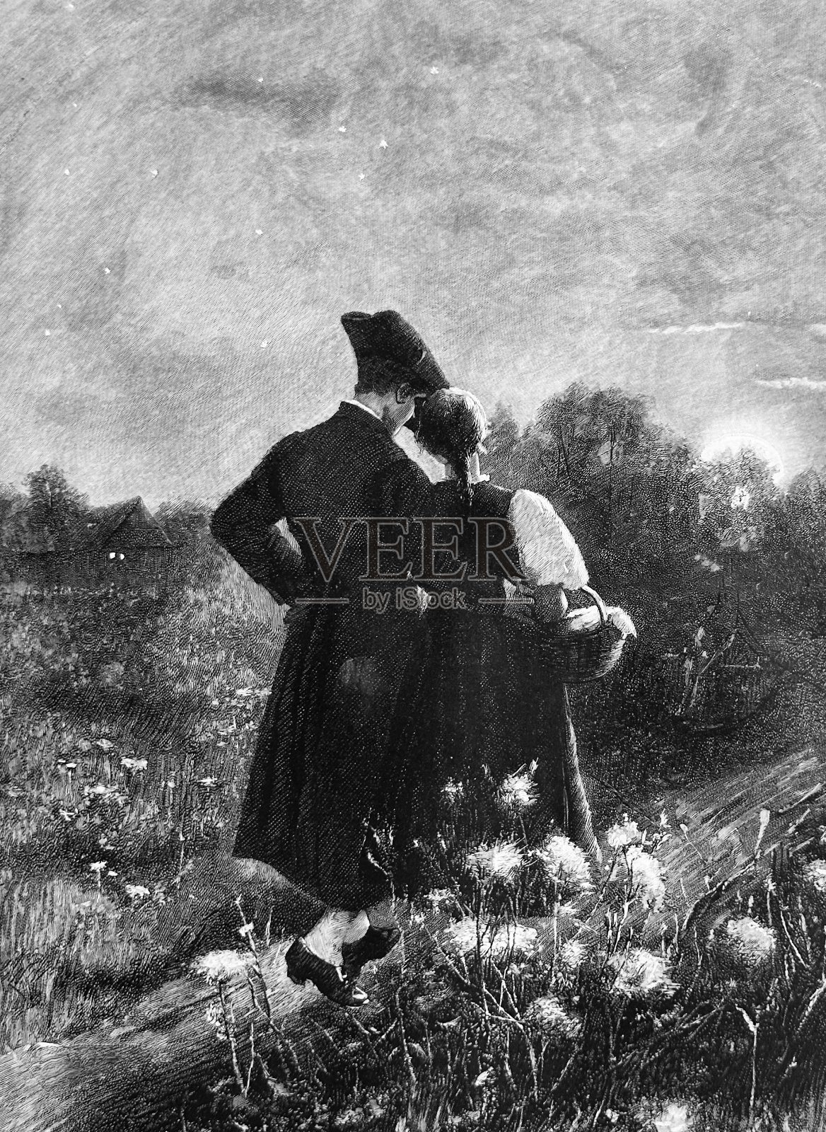 小两口拥抱在乡下回家的路上，她抱着篮子，两个人的头贴在一起，背影，夕阳插画图片素材