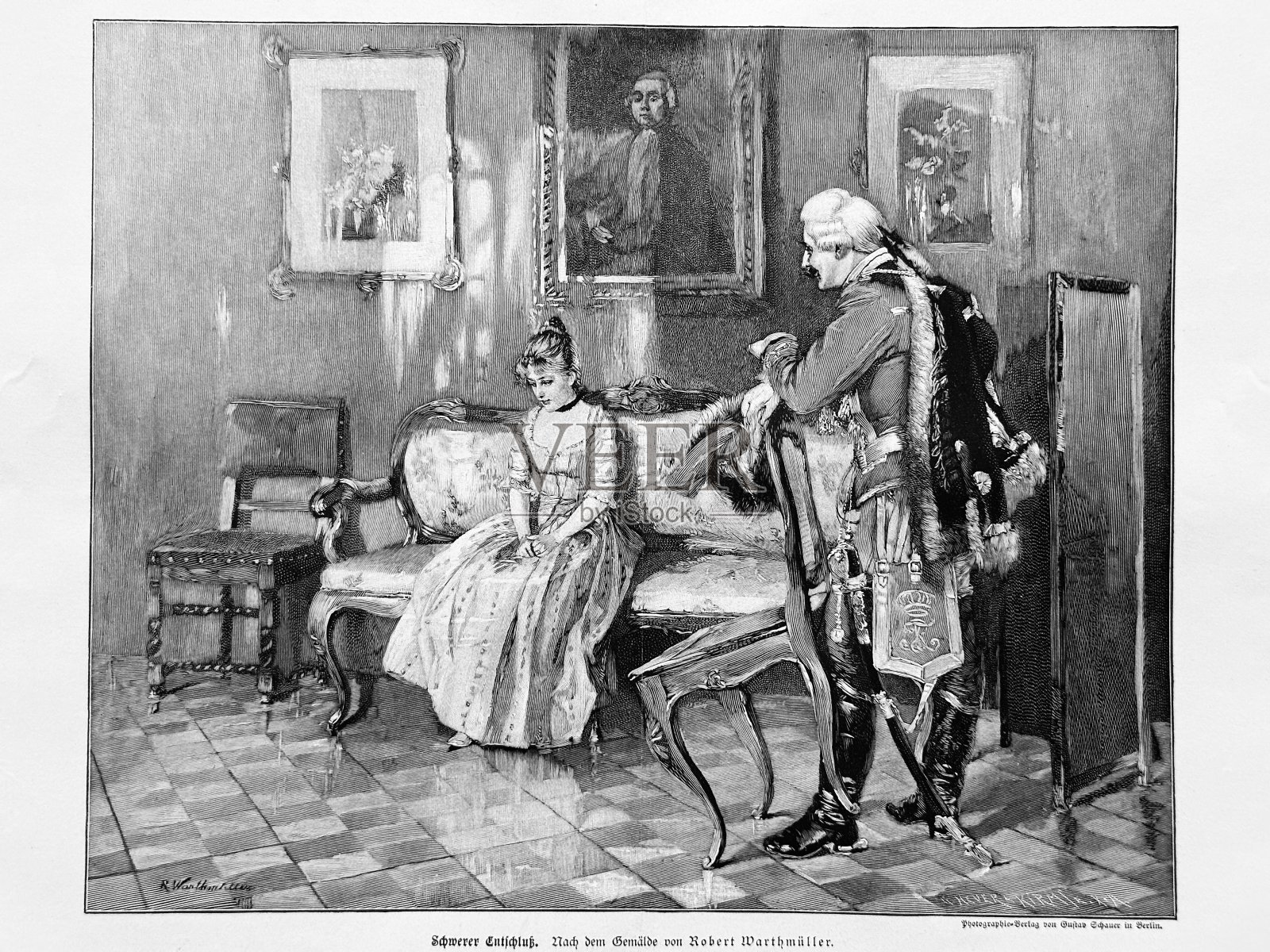 男人追求一个女人，想娶她，她坐在沙发上，看起来若有所思插画图片素材