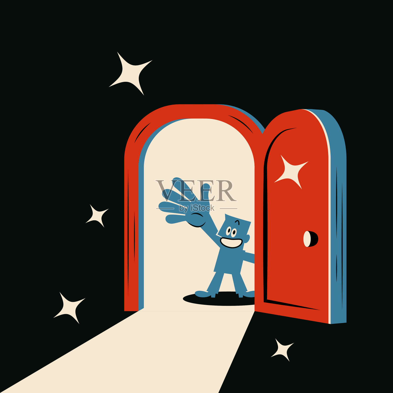 一个面带微笑的蓝色男人打开门，举起手来打招呼插画图片素材